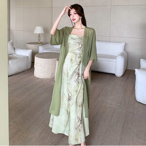 轻连衣裙套装长裙国风禅意女夏新两件开衫旗袍时尚改良中式吊带裙