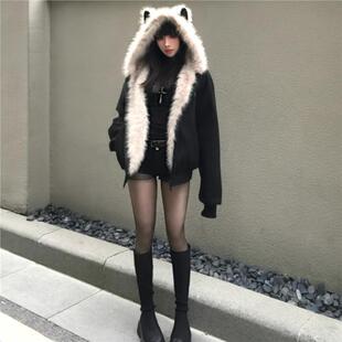 加绒猫感外套情侣国潮女冬季高级加厚新款2026座山雕棉服连帽耳朵