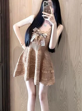 【冰爽丝洗水】小香风气质波浪边格纹针织吊带连衣裙女A字短裙子