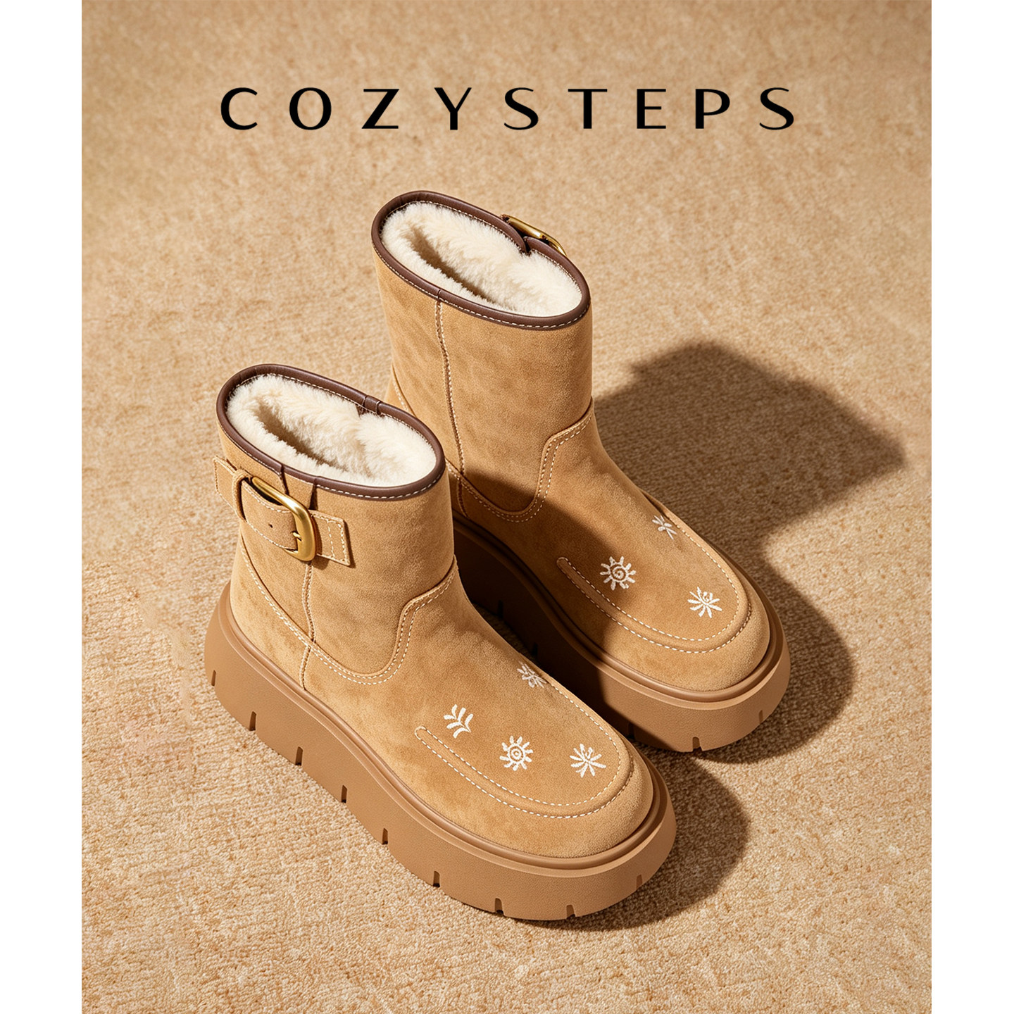 COZY STEPS刺绣厚底饼干雪地靴保暖防滑短绒款毛毛鞋26秋冬新品
