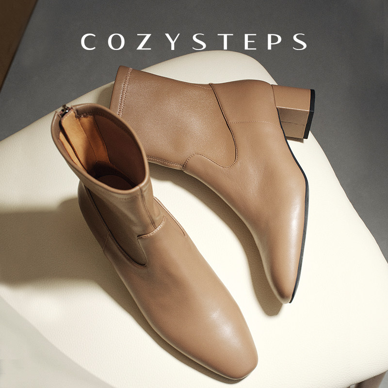 COZY STEPS可至经典羊皮靴高跟女靴中筒靴秋冬百搭时尚