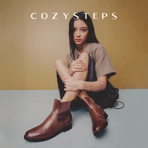 COZY STEPS可至经典复古切尔西靴水牛皮中筒靴平底女靴秋冬保暖