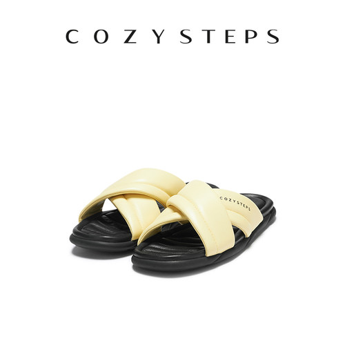 COZY STEPS可至女士25夏季新款透气羊皮薄底交叉带平跟拖鞋6063