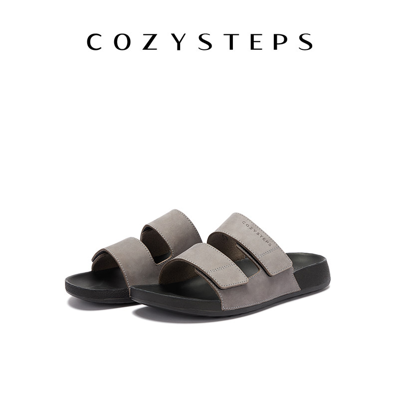 COZY STEPS可至男士26夏季新款透气头层牛皮厚底双条带拖鞋凉鞋