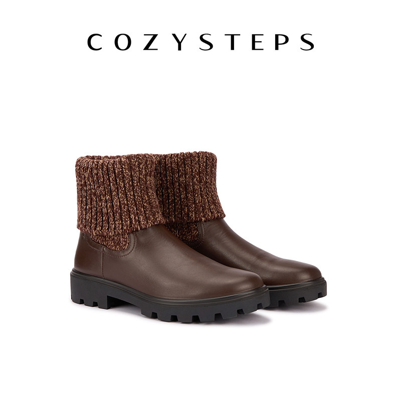 COZY STEPS可至ELLIS针织羊毛袜套中筒靴罗纹拼接皮靴堆堆袜靴女