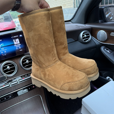 新款大头鞋长筒保暖麂皮绒高筒雪地靴女坡跟底加绒保暖鞋男女