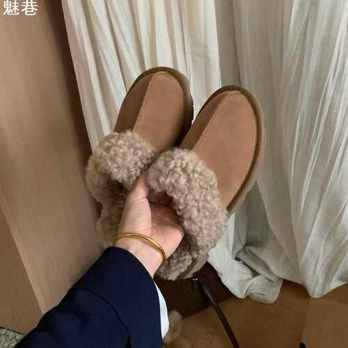 魅巷2026秋冬新款韩系卷毛羊毛拖鞋平底舒适一脚蹬百搭网红毛毛拖