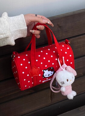 ins风红色波点保龄球包包女小众可爱kt刺绣时尚通勤手提斜挎小包