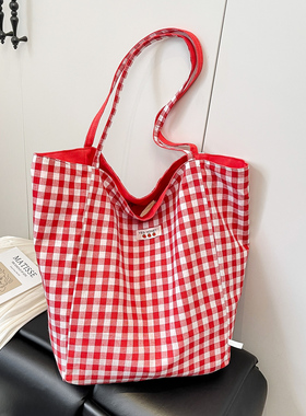 夏天新款两面背红色格子帆布包包女慵懒风休闲托特包大容量购物袋