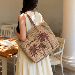 法式度假风仿草编织包包女旅行海边沙滩包大容量带拉链单肩托特包