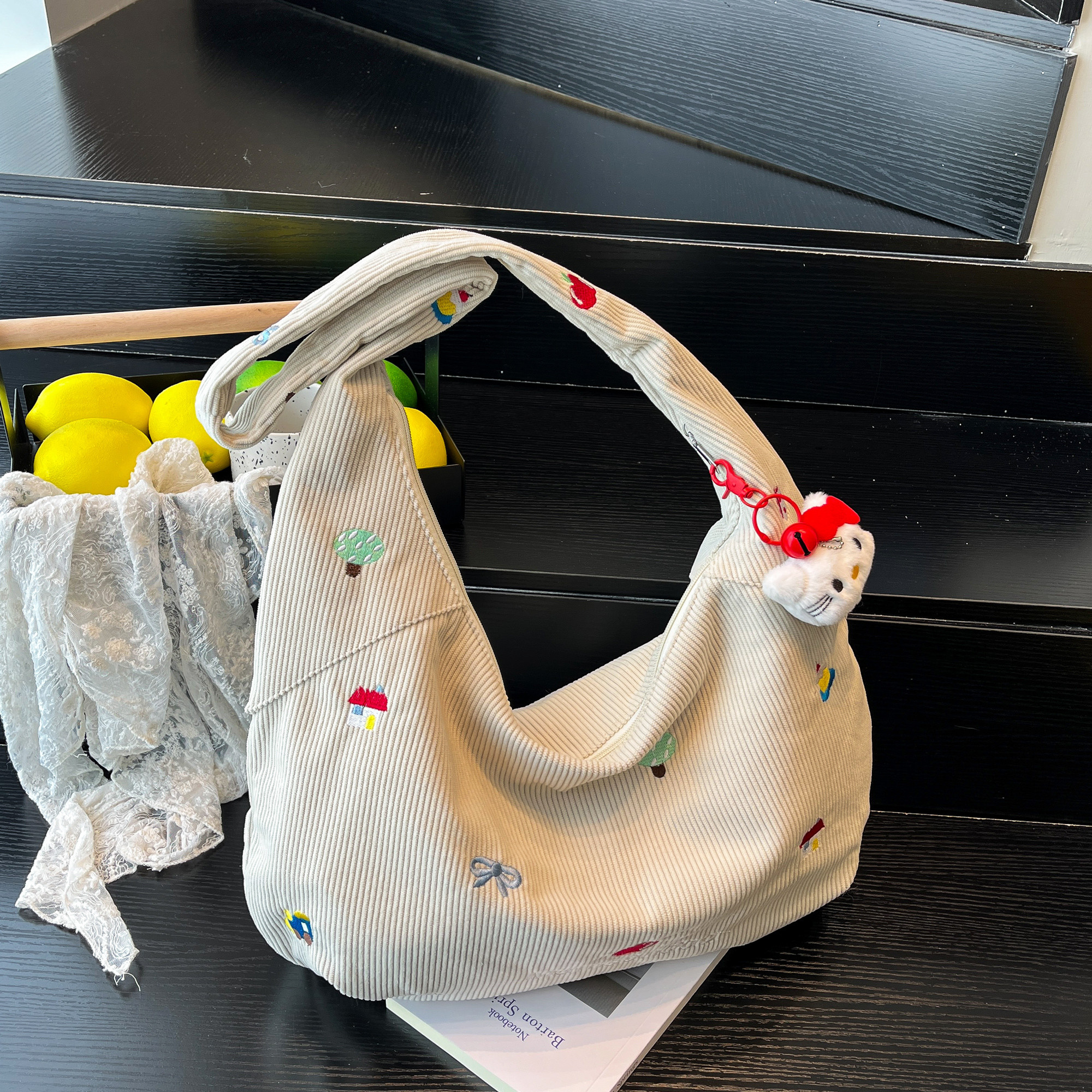 卡通刺绣灯芯绒包包大容量托特包