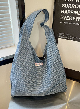 韩国ins简约帆布通勤包女2025新款潮蓝色慵懒风百搭大容量托特包