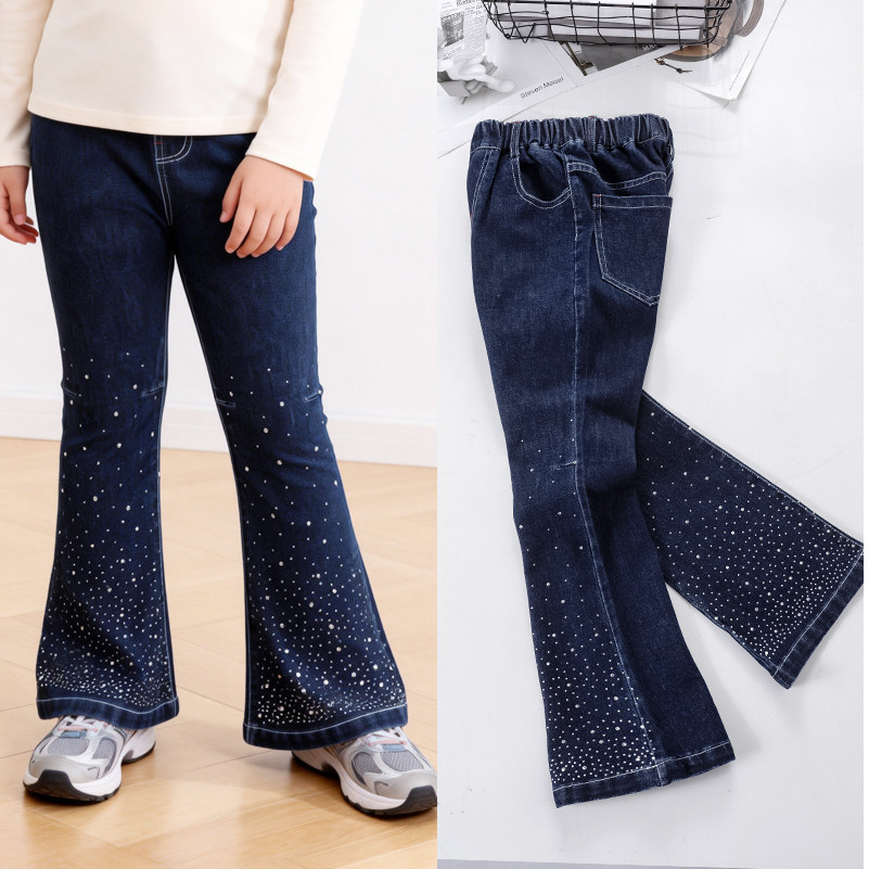 胖童女童喇叭裤牛仔裤儿童烫钻修身弹力长裤春秋新款加肥加大裤子