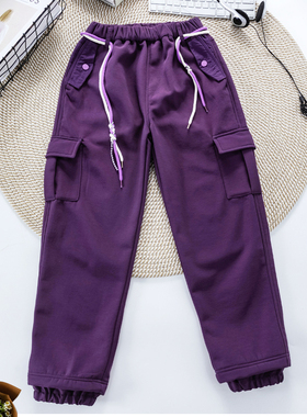 胖童工装儿童加绒冲锋裤紫色洋气中大童加肥加大加厚秋冬长裤子