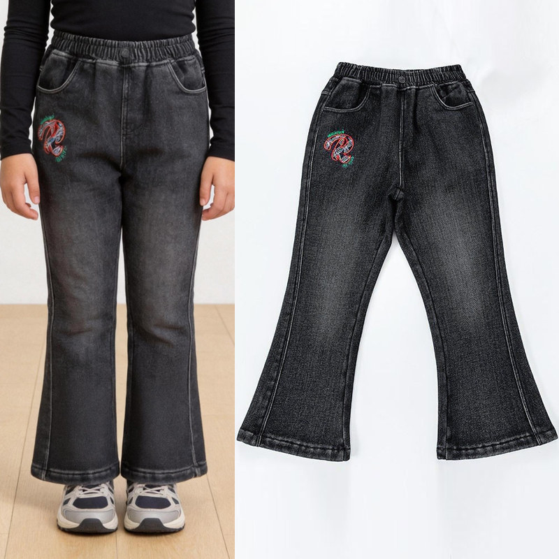 胖女童微喇叭裤春秋装加肥加大码中大童裤子显瘦弹力牛仔裤