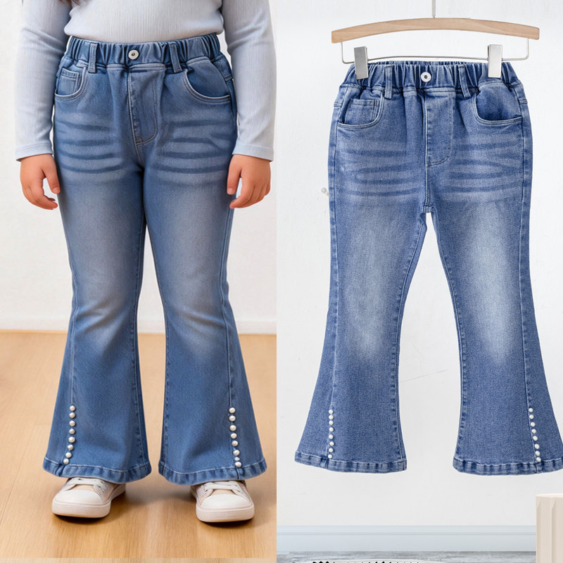 胖童儿童长裤女童牛仔裤喇叭裤舒适加肥加大新款浅色春薄款中大童