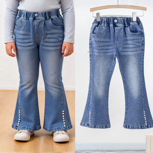 胖童儿童长裤女童牛仔裤喇叭裤舒适加肥加大新款浅色春薄款中大童