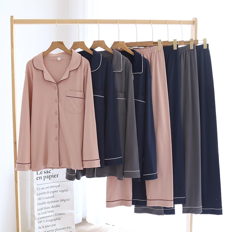 春秋情侣纯棉睡衣女棉毛家居服男开衫大码加肥纯色全棉加厚棉质