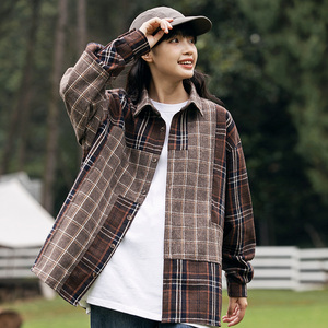 2026秋季新款男日系复古拼接撞色格子长袖衬衫加厚衬衣CS256-F75图片