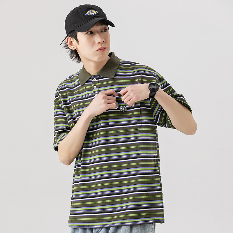 2026夏季新款男装日系潮牌宽松休闲翻领条纹短袖polo衫PL56-F65,男装T恤,电商A101（原外27）