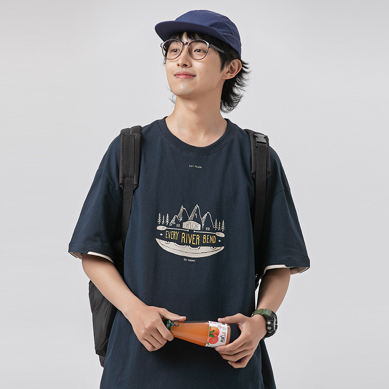 2026夏季新款男日系原创人文风景印花假两件短袖圆领T恤T828-F45,男装T恤,电商A101（原外27）