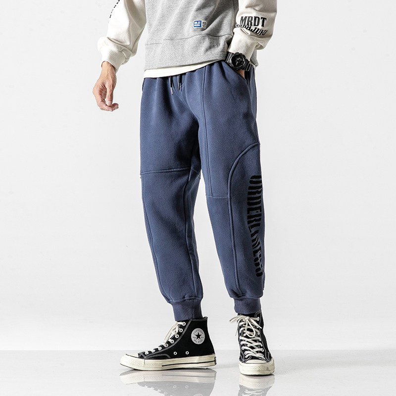 2024冬装日系加绒加厚束脚裤印花运动卫裤休闲裤子男P620-F95图片