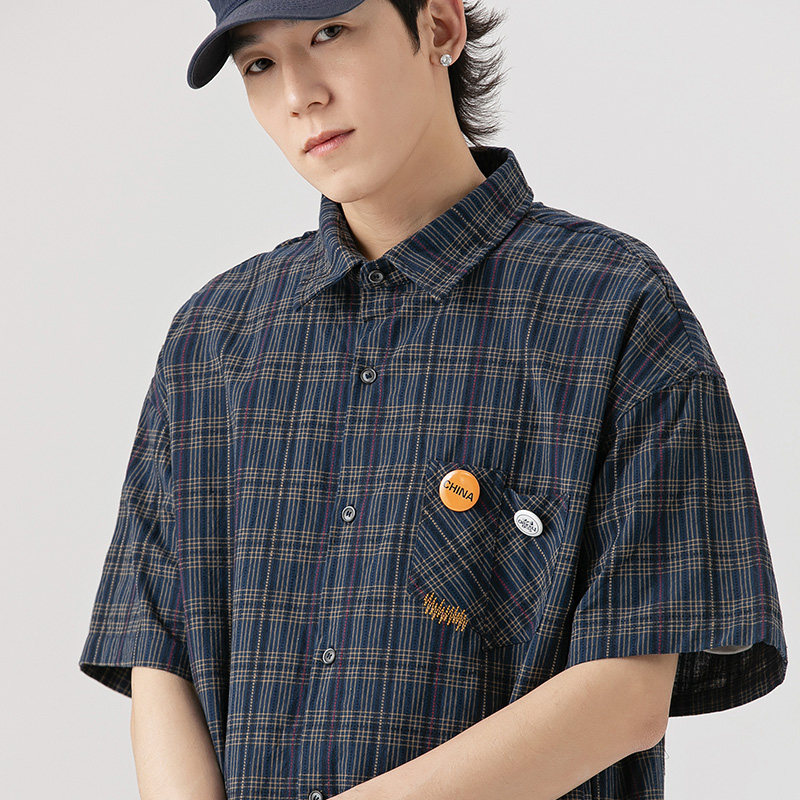 2026夏季新款男装日系复古小格子休闲短袖衬衫宽松衬衣CS218-F75,男装T恤,电商A101（原外27）