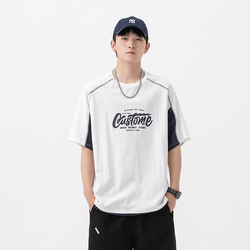 2026夏季新款男装日系字母印花假两件撞色宽松短袖T恤T778-F45,男装T恤,电商A101（原外27）
