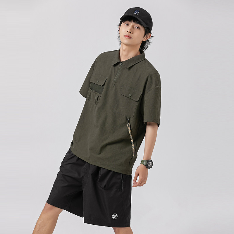 2026夏季新款男装日系原创抽绳装饰半拉链polo衫短袖T恤PL52-F60,男装T恤,电商A101（原外27）