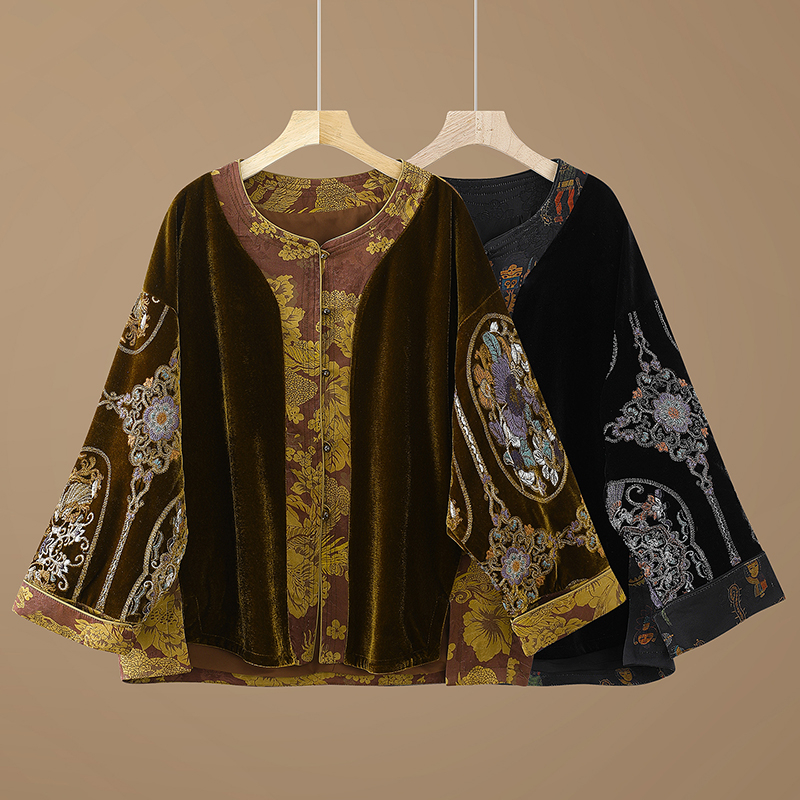 重工刺绣拼接新中式丝绒外套秋冬季新款复古时尚设计感圆领国风女