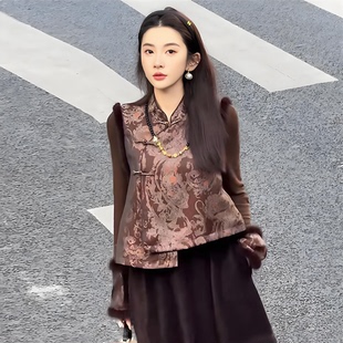 新中式国风秋冬时尚百搭无袖夹棉马甲背心女气质立领加厚保暖马夹