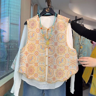 春秋季新中式国风圆领提花双面穿马甲女装高级感轻奢背心马夹上衣