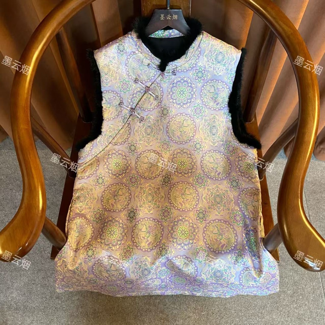 新中式国风加厚夹棉毛毛马甲女装冬季保暖显瘦百搭背心马夹连衣裙