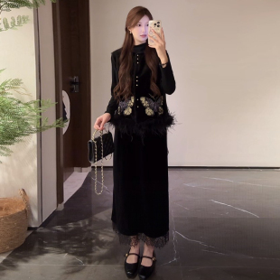 马甲两件套女高级感丝绒半身裙套装 国风鸵鸟毛时尚 新中式 2026秋季