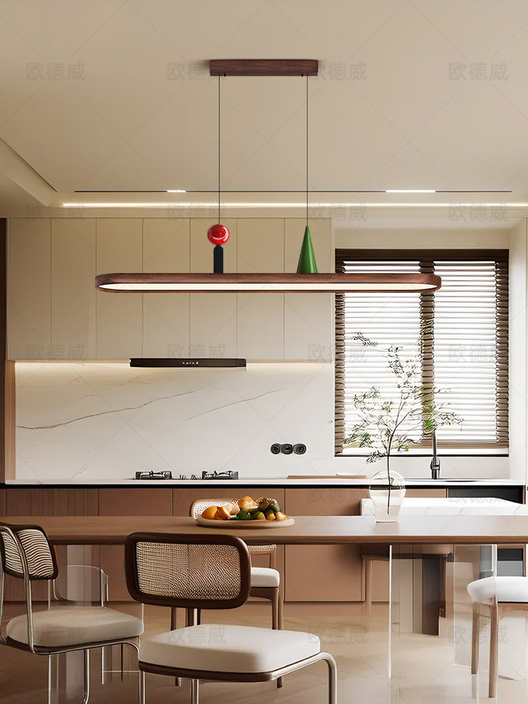 极简椭圆形餐厅吊灯日式原木风格餐厅灯个性化设计胡桃色长摆灯