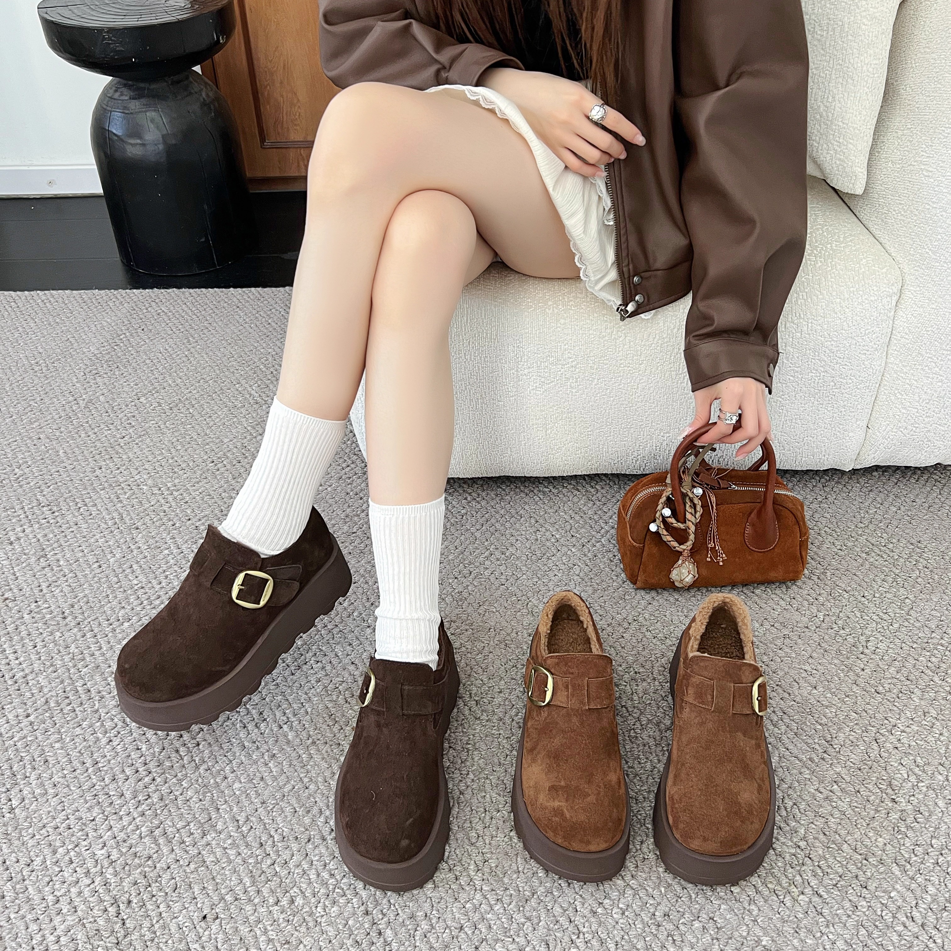 悦女鞋厚底勃肯鞋磨砂皮牛皮加绒内里25冬款女鞋时尚百搭潮鞋舒适