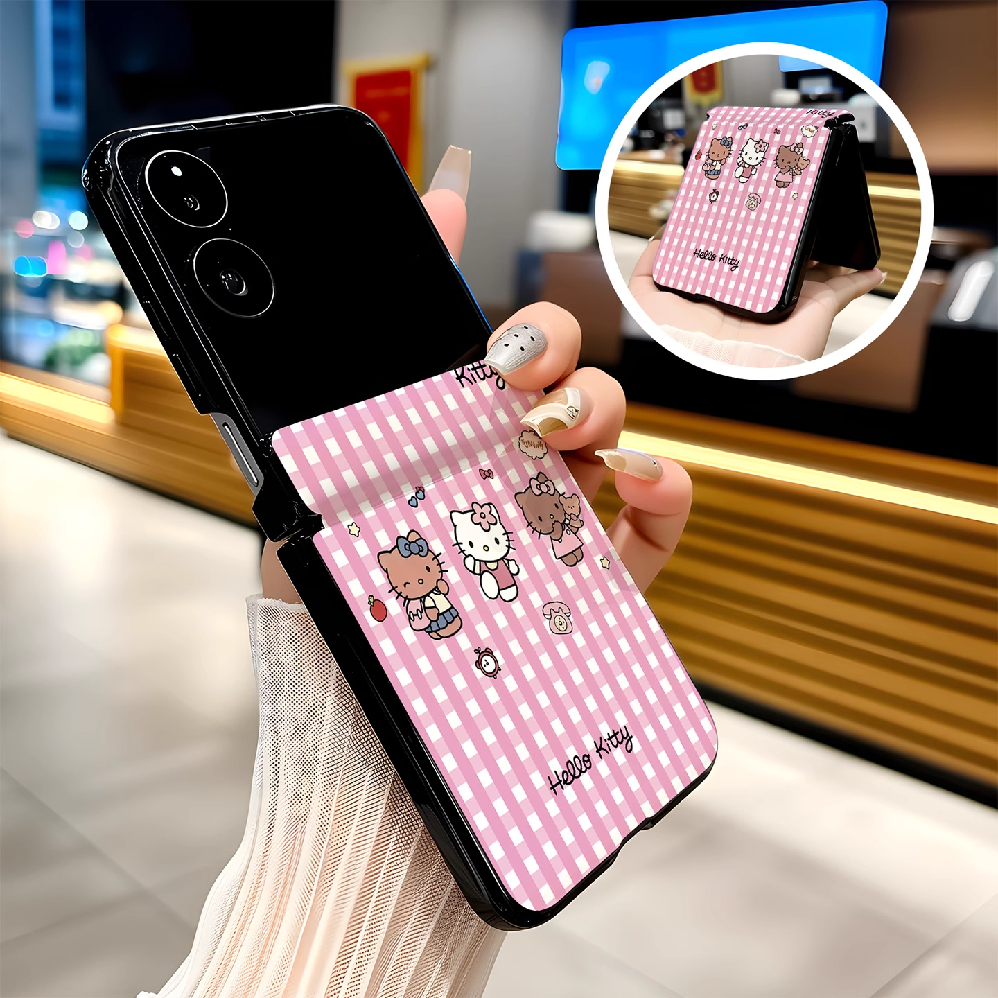 粉白格子凯蒂猫适用小米mix flip2手机壳折叠屏荣耀magic v flip2卡通可爱kitty全包中轴防摔新款皮纹保护套