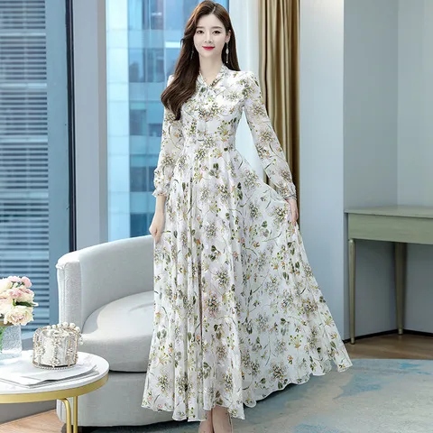 连衣裙蝴蝶结沙滩大摆收腰2024春秋超仙超长裙长袖女外贸提花雪纺