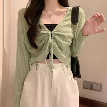 粉红色小吊带正反两穿罩衫抽绳夏季防晒镂空针织开衫薄款女外搭