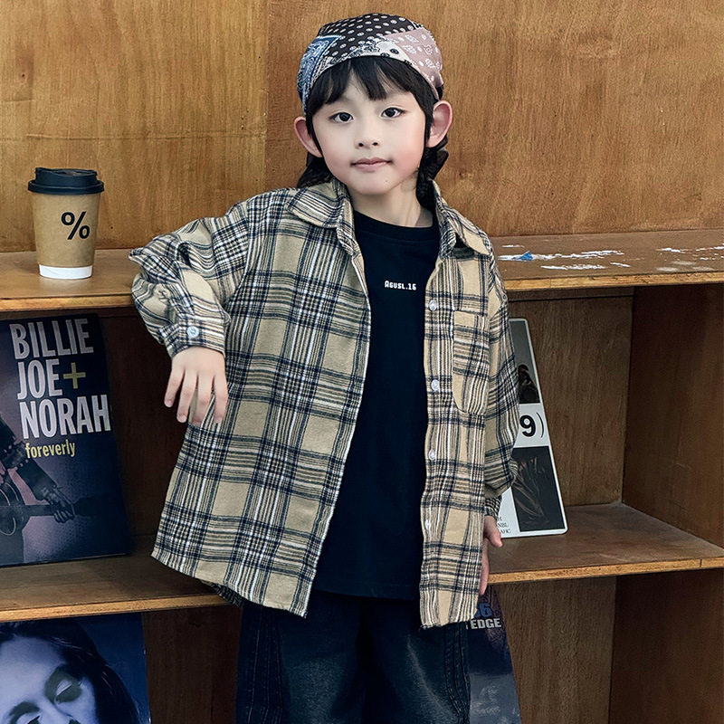 2026男童女童春款新款衬衫儿童春秋洋气中大童春秋季格子衬衣外套