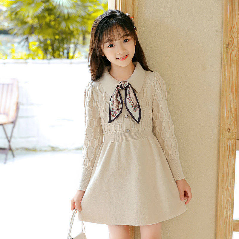 女童春季新款时尚气质淑女针织连衣裙中小学生洋气公主风毛衣裙