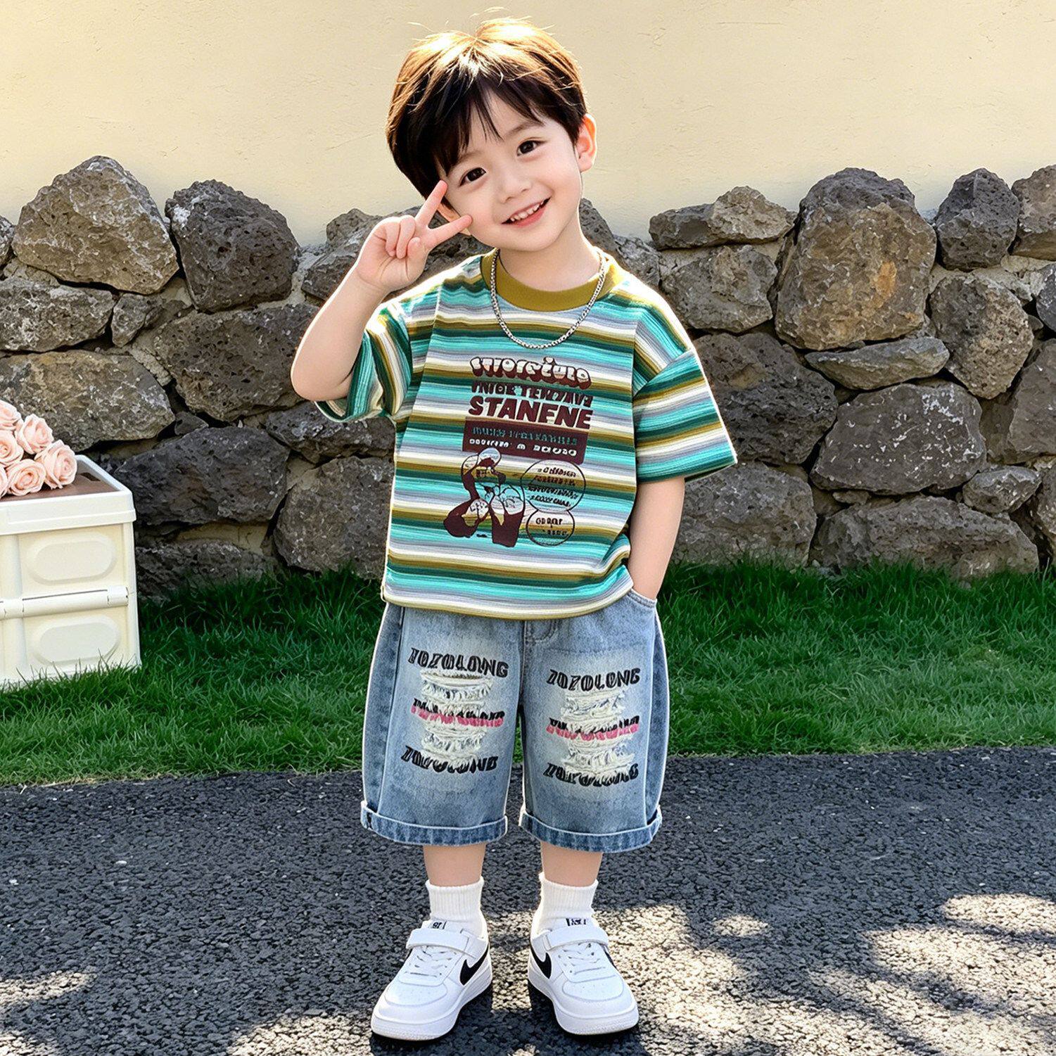 男童夏季套装2026新款儿童条纹短袖牛仔短裤夏装男孩时髦装两件套