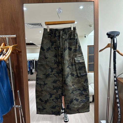 秋新美式工装迷彩高腰阔腿女裤