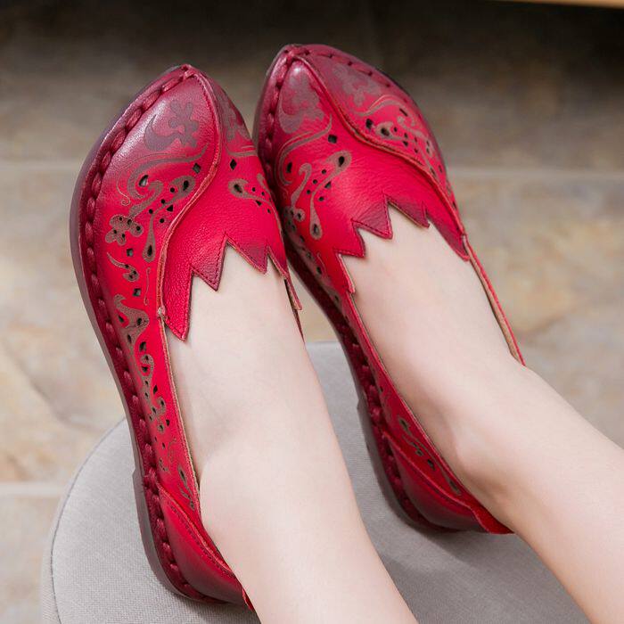 纤纤佳人6562真皮平底女单鞋 擦色镂空民族风女鞋 浅口牛筋软底鞋