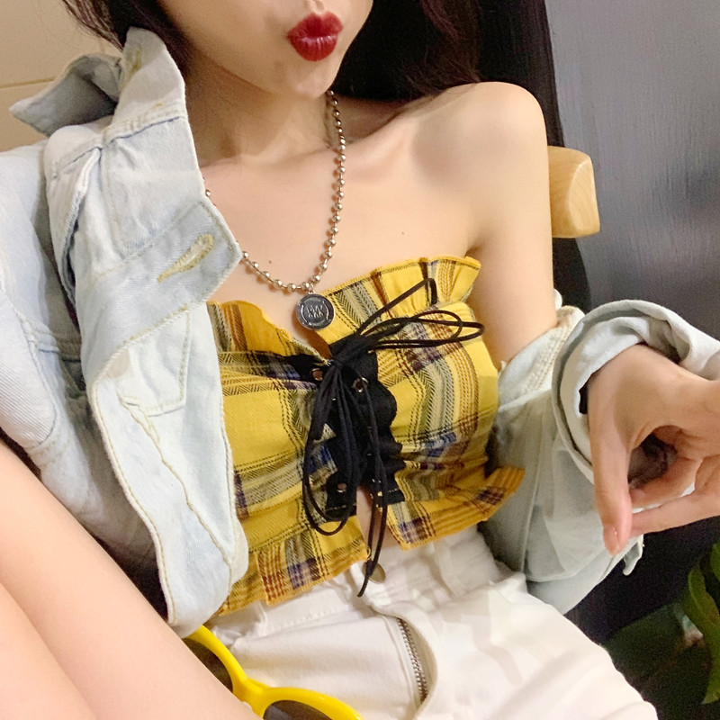 Real price real shot ins street shot New Top Casual versatile bandage T-shirt Plaid open navel bra