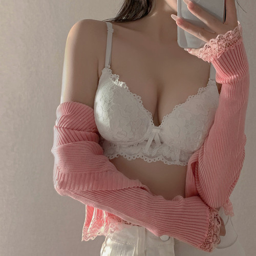 Real price pure desire style lace push-up bra underwear + simple v-neck breasted candy-colored knitted cardigan