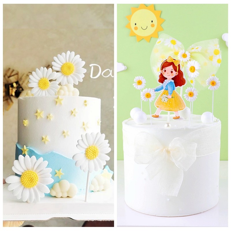 雏菊小女孩网纱蝴蝶结蛋糕装饰插牌白色菊花可爱ins风花朵小姑娘