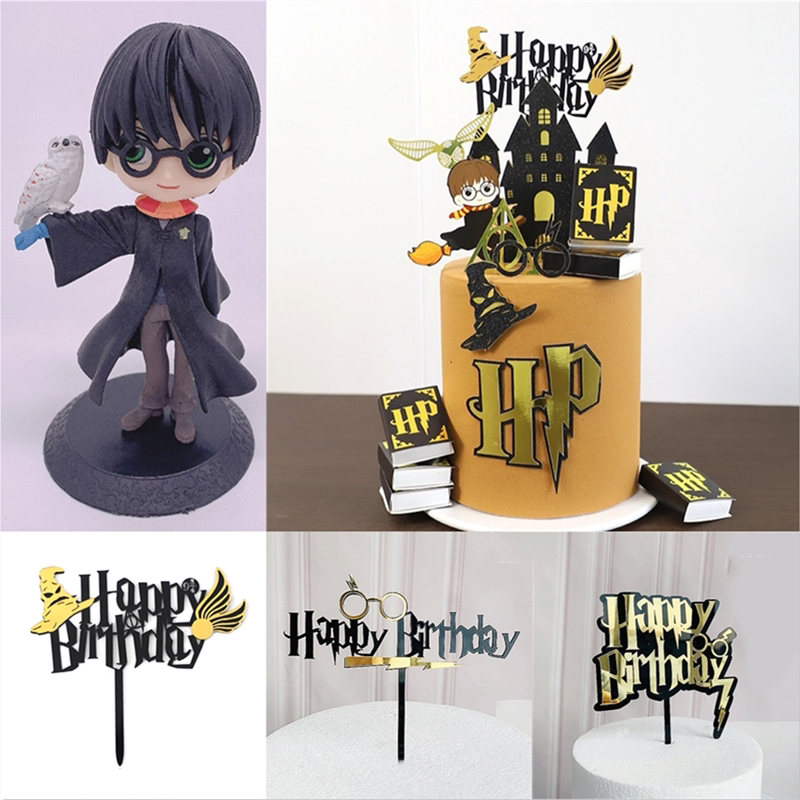 哈利波特亚克力闪电魔法黑金亚克力眼睛框翅膀星星魔法蛋糕装饰