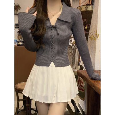 Polo领灰色针织衫女春秋冬新款法式气质高级感毛衣内搭打底衫上衣