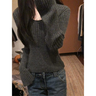 春秋高级感重工烫钻亮闪闪修身针织衫女可外穿内搭打底衫毛衣上衣